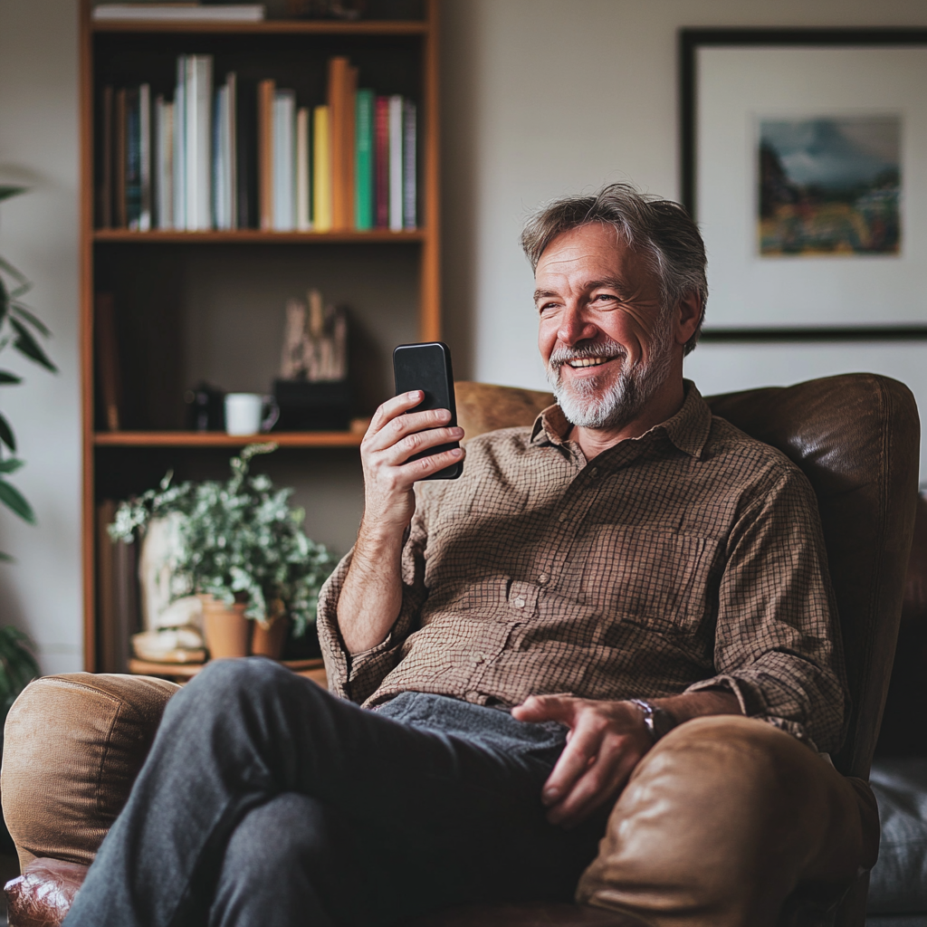 Ein glücklicher Mann, der sein Telefon in der Hand hält | Quelle: Midjourney