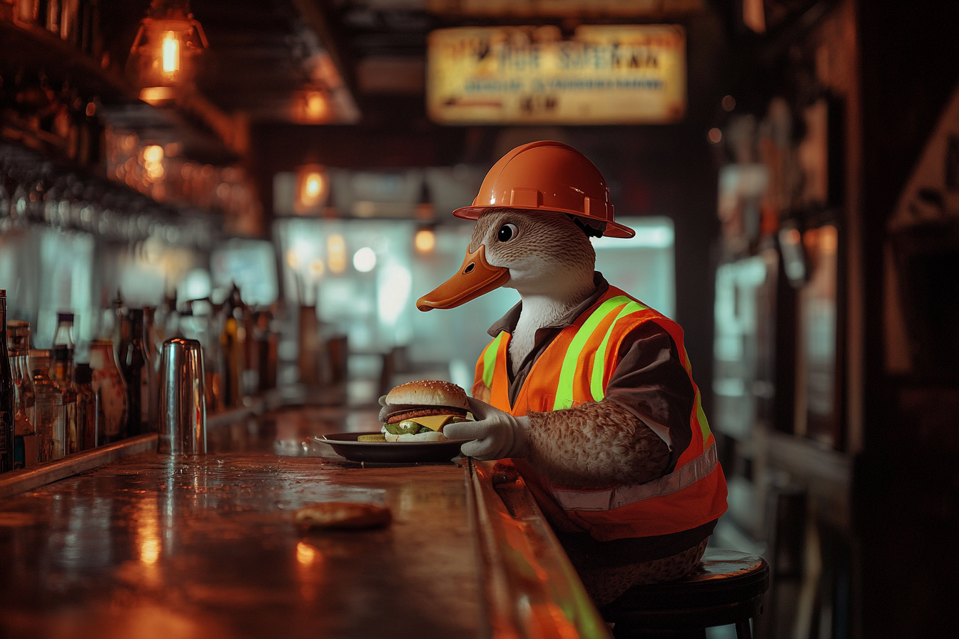 Eine Ente in einer Bauarbeiteruniform sitzt an einer Bar und isst ein Sandwich | Quelle: Midjourney