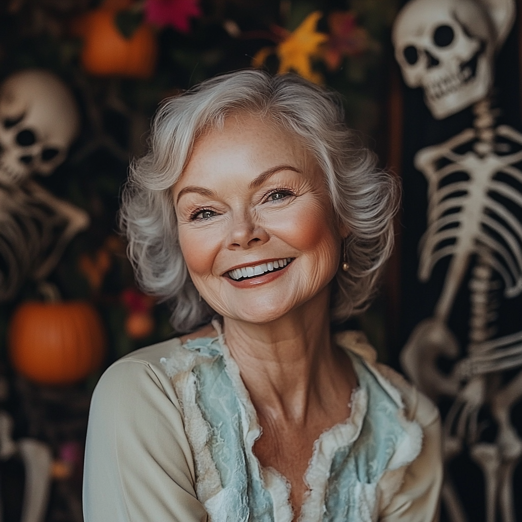 Eine fröhliche ältere Dame an Halloween | Quelle: Midjourney