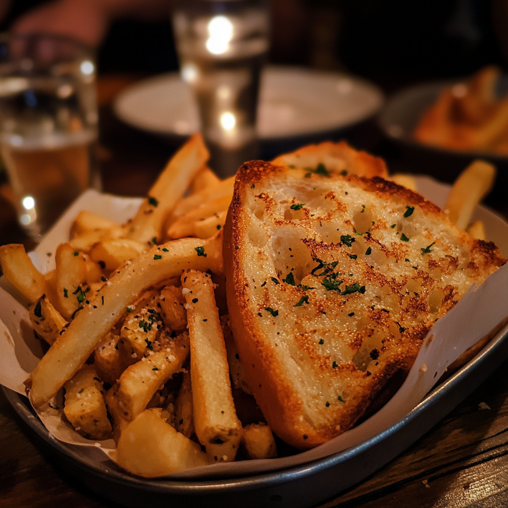 Pommes und Knoblauchbrot auf einem Tisch in einem Restaurant | Quelle: Midjourney