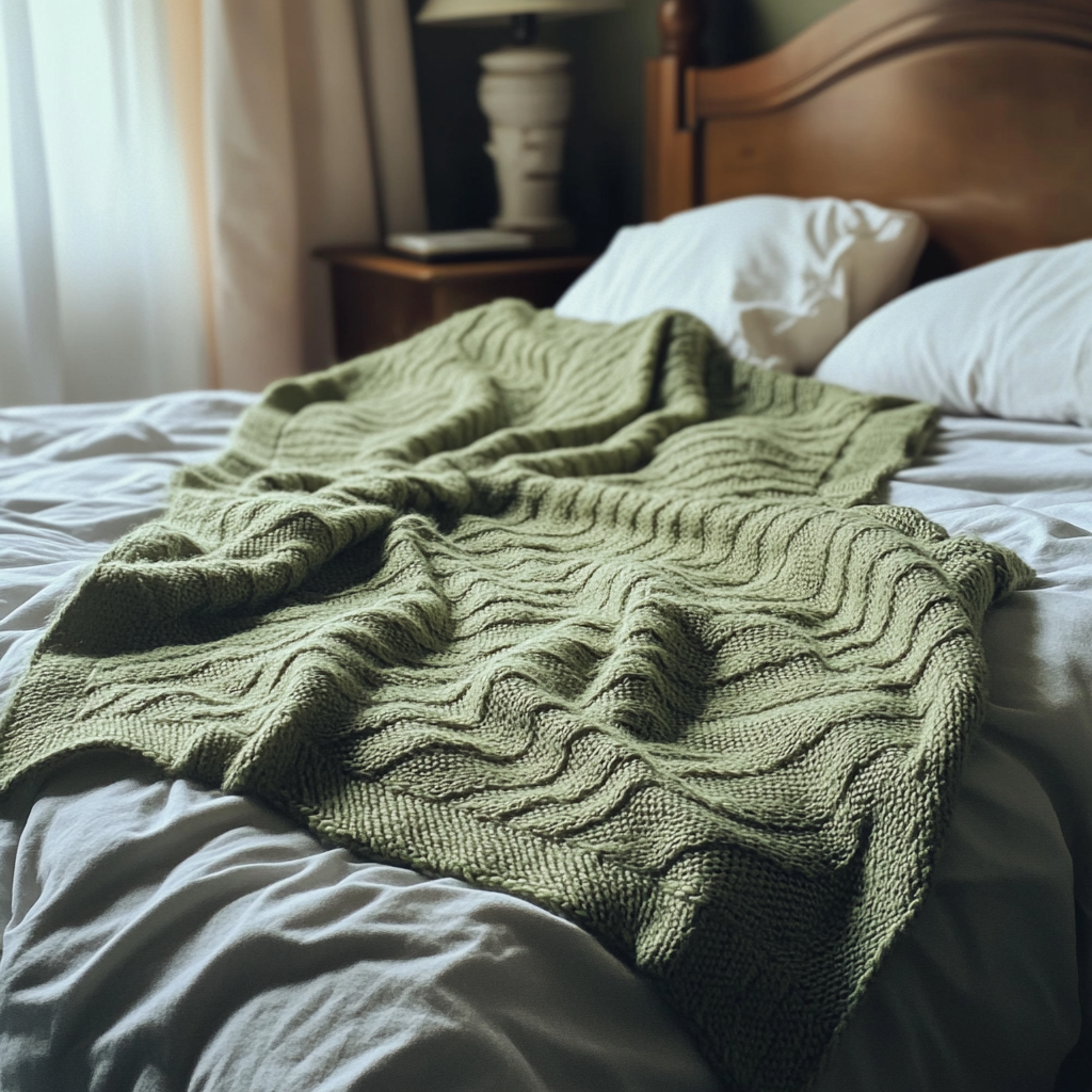 Eine unvollständig gestrickte Decke auf einem Bett | Quelle: Midjourney