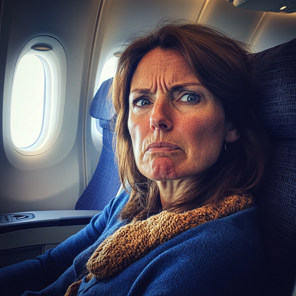 Eine genervte Frau, die in einem Flugzeug sitzt | Quelle: Midjourney