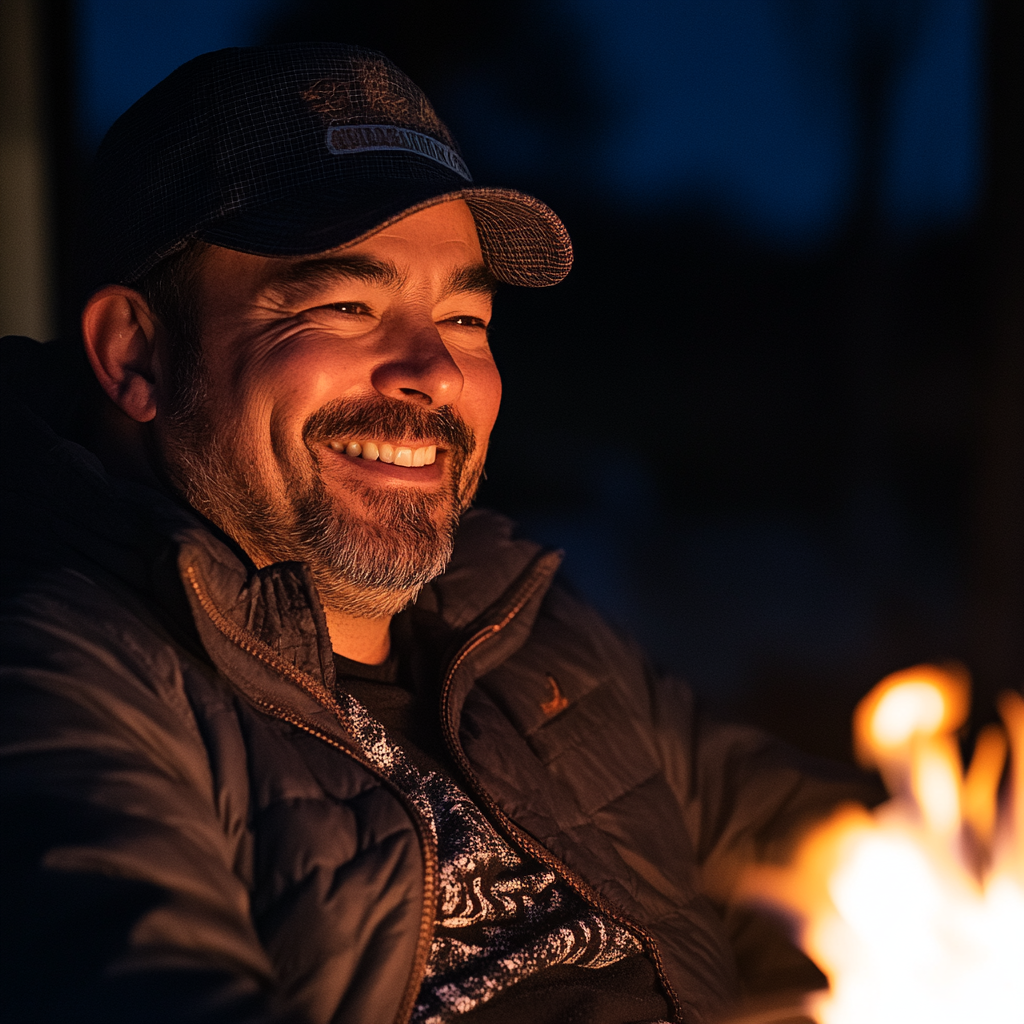 Ein lächelnder Mann sitzt an der Feuerstelle | Quelle: Midjourney