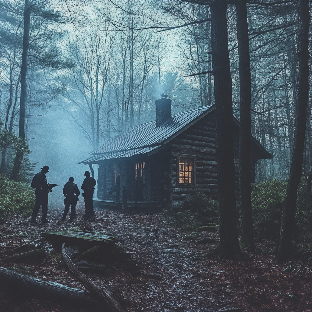 Die Polizei durchsucht eine Hütte im Wald | Quelle: Midjourney