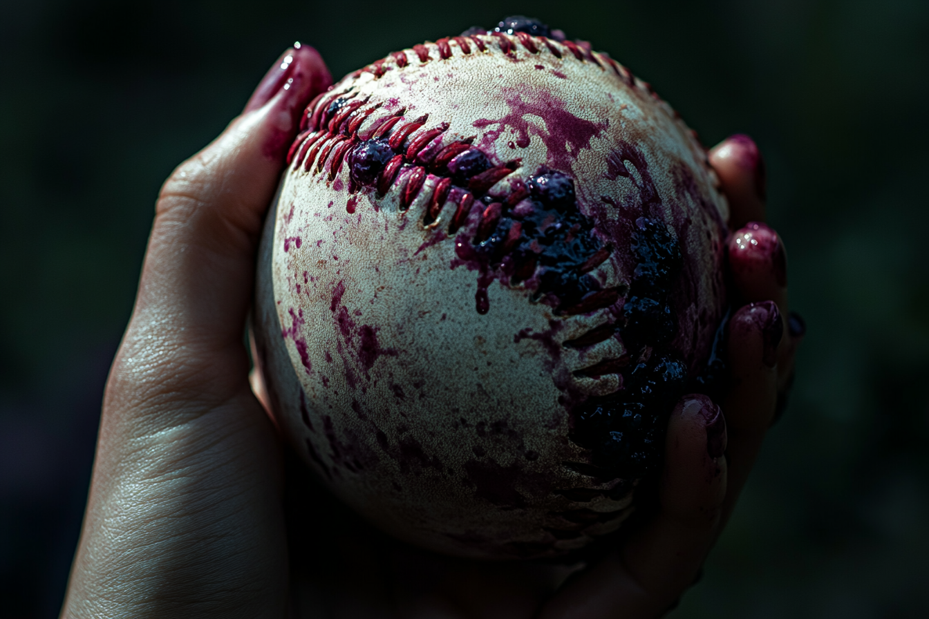 Eine Frau hält einen mit Blaubeerkuchen befleckten Baseball | Quelle: Midjourney