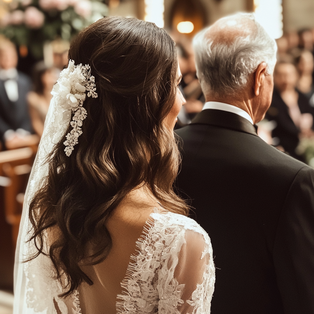 Eine Braut und ihr Vater gehen den Gang entlang | Quelle: Midjourney