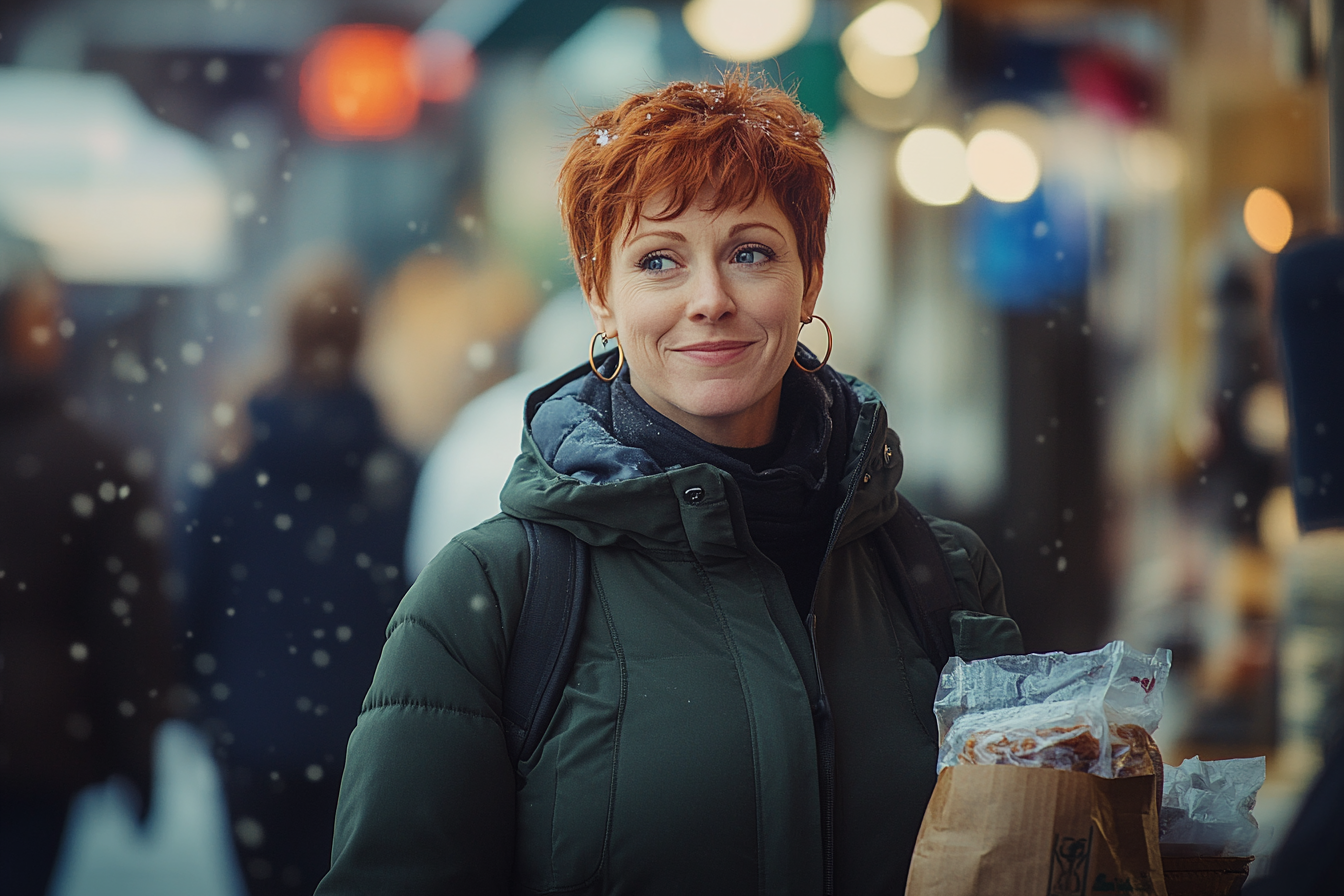 Frau in den späten 30ern hält eine To-Go-Tasche und lächelt auf einer verschneiten Straße | Quelle: Midjourney