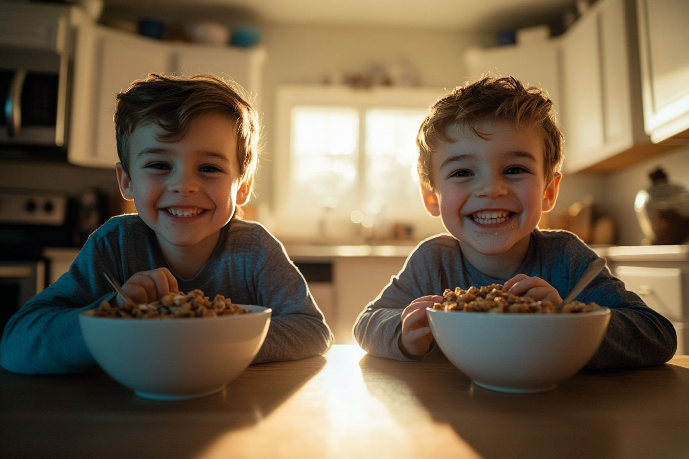 Zwillingsjungen, 7 Jahre alt, essen morgens am Küchentisch Müsli | Quelle: Midjourney