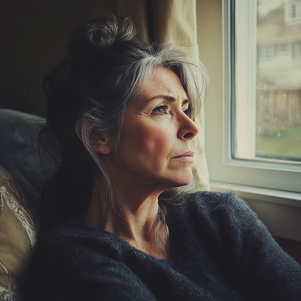 Eine ältere Frau sitzt auf einer Couch am Fenster | Quelle: Midjourney