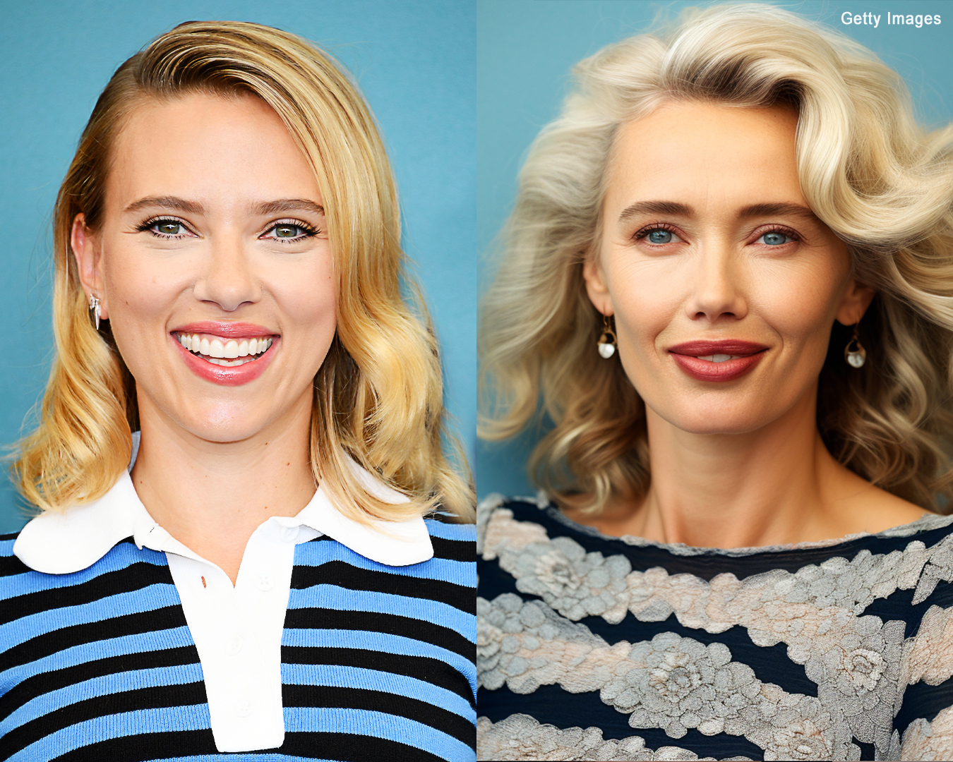 Scarlett Johansson im echten Leben | Eine KI-Darstellung davon, wie Scarlett Johansson in 20 Jahren aussehen würde | Quelle: Getty Images | Midjourney