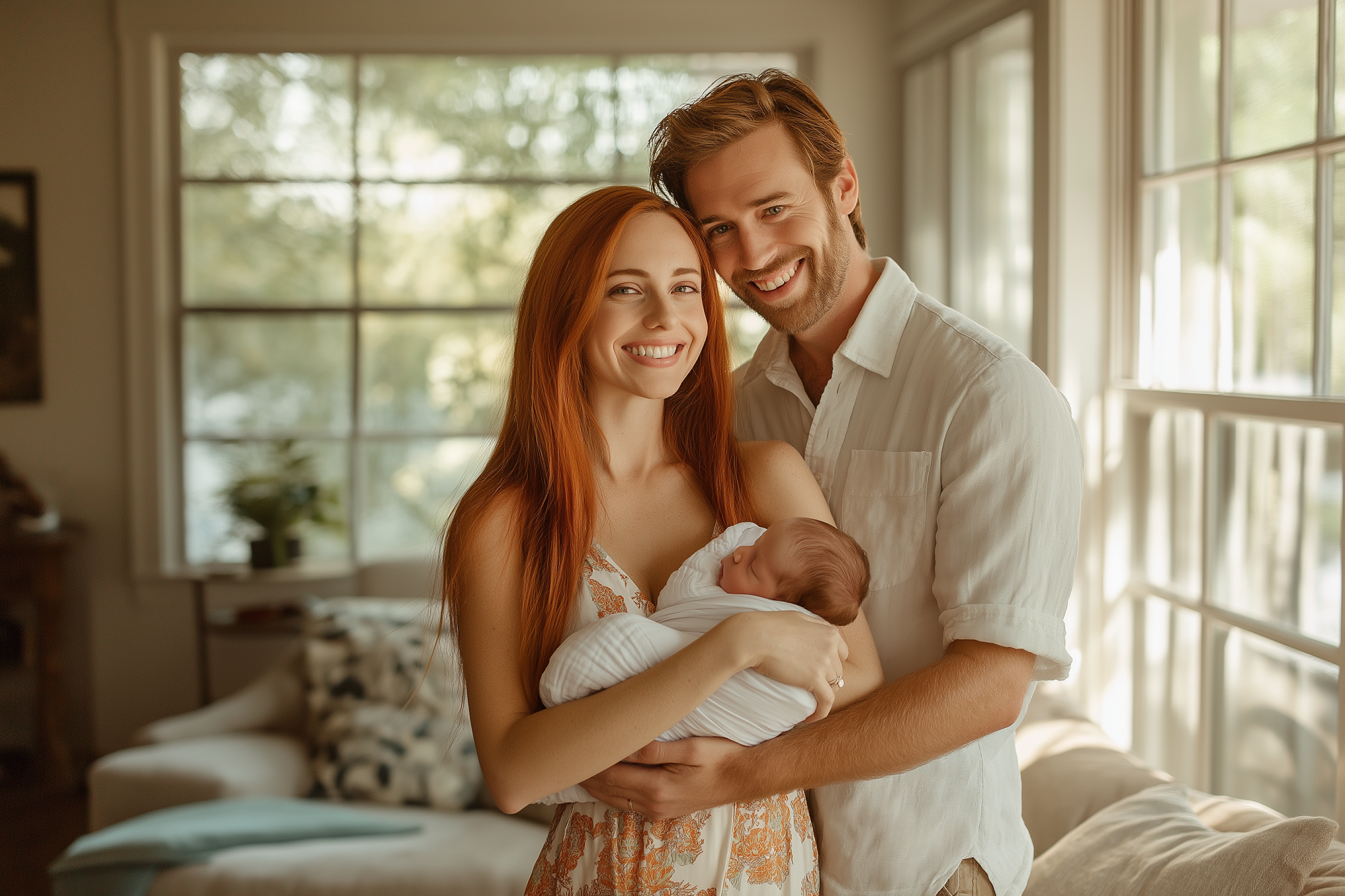 Ein Paar steht lächelnd mit einem Baby in der Hand in einem schönen Haus | Quelle: Midjourney