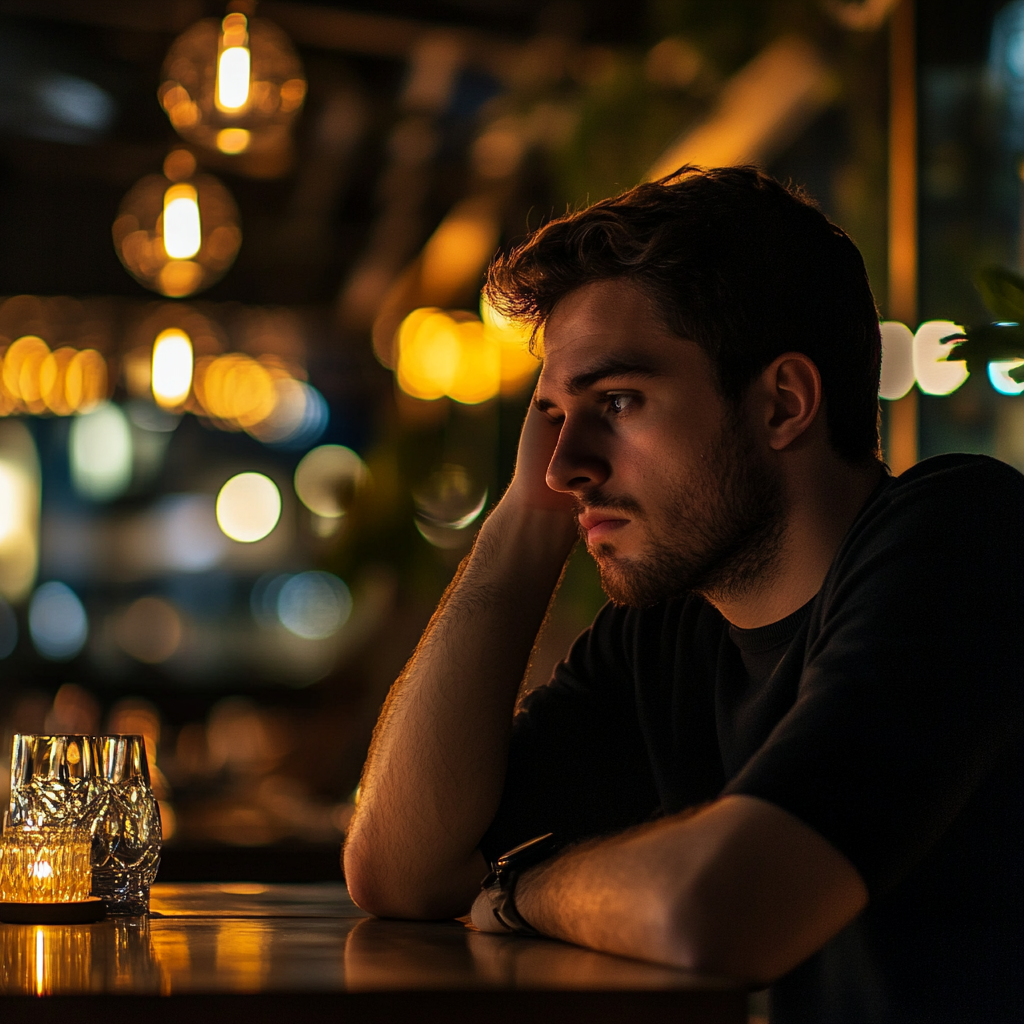 Ein trauriger Mann in einem Restaurant | Quelle: Midjourney