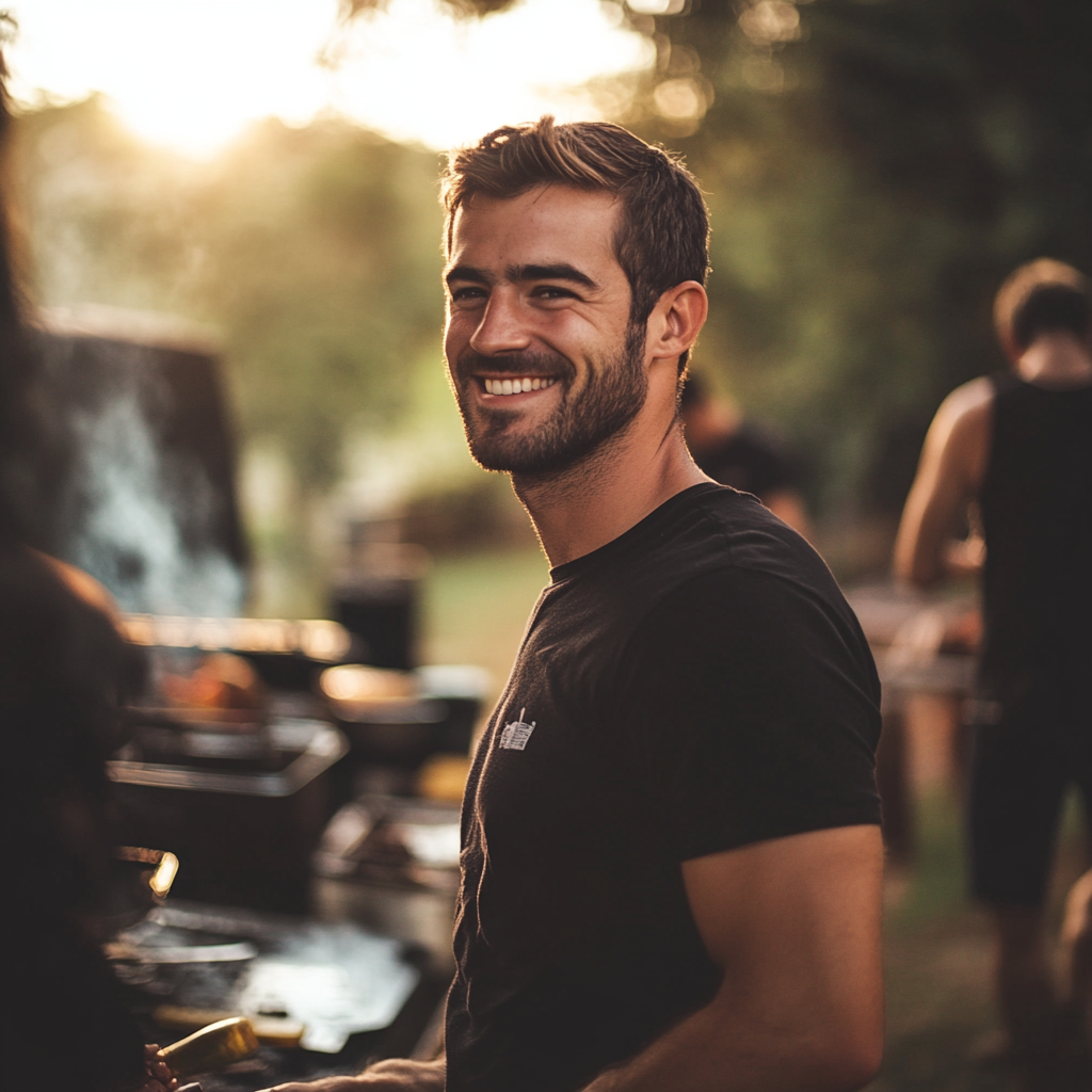 Ein lächelnder Mann bei einer Grillparty | Quelle: Midjourney