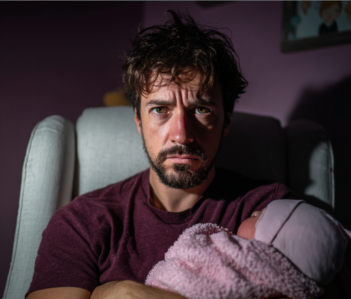 Ein erschöpfter Mann hält ein Baby | Quelle: Midjourney