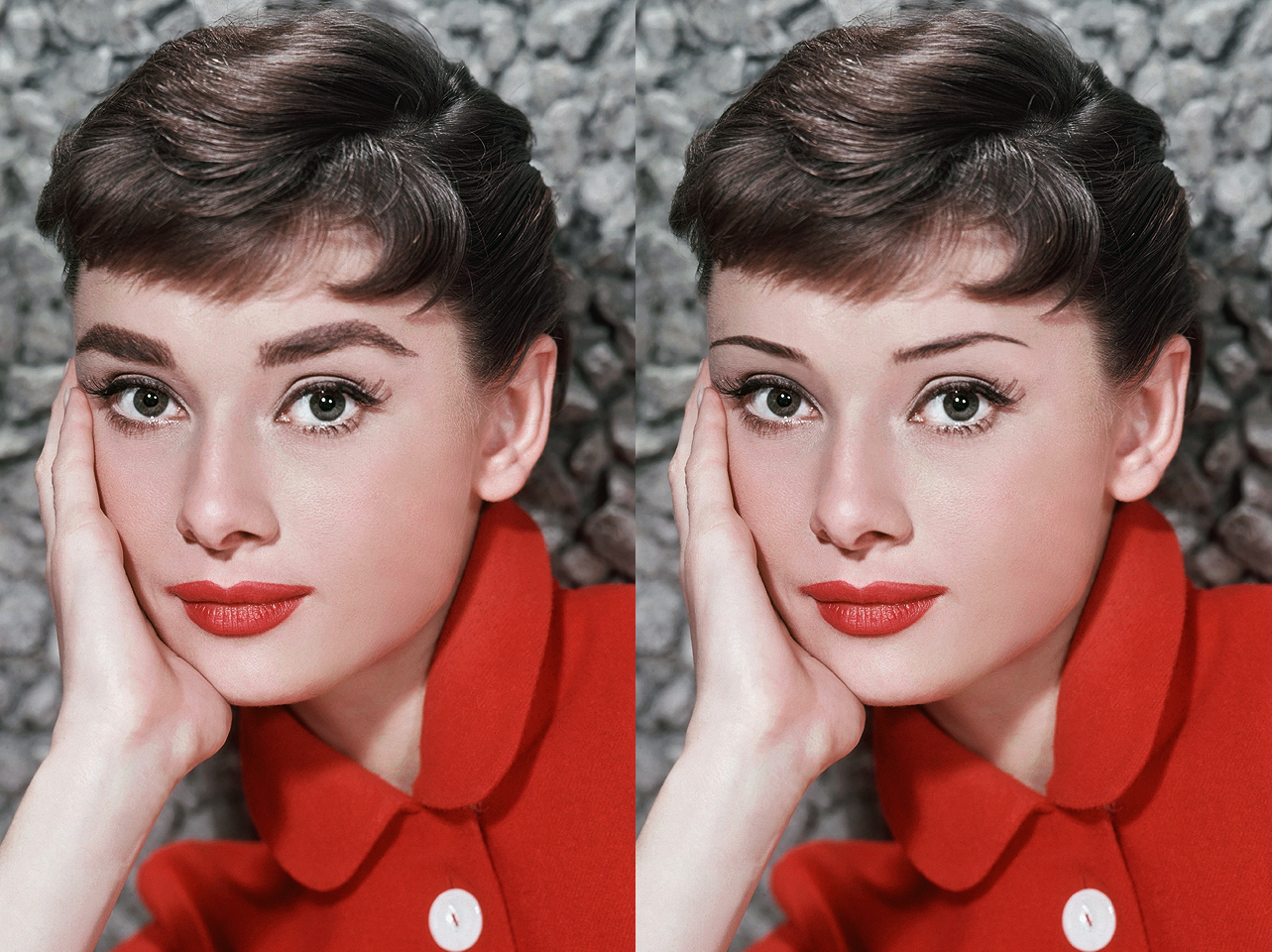 Audrey Hepburns charakteristische Augenbrauen aus den 1950er Jahren im Vergleich zu einem digital bearbeiteten Look mit dünnen Brauen | Quelle: Getty Images