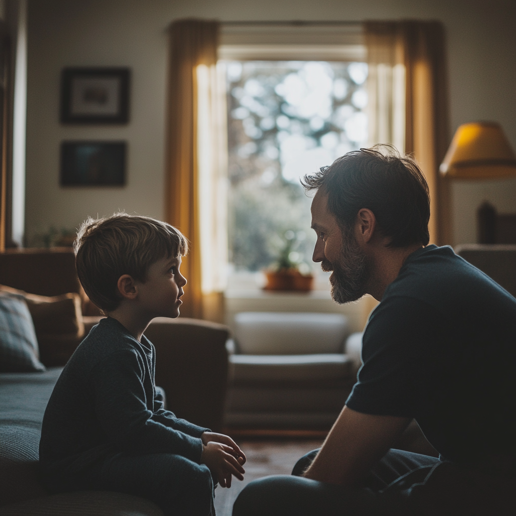 Ein kleiner Junge im Gespräch mit seinem Vater | Quelle: Midjourney