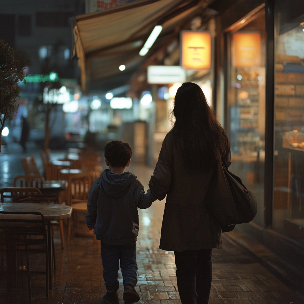 Mutter und Sohn gehen vor einem leeren Restaurant spazieren | Quelle: Midjourney