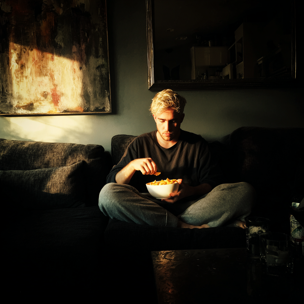 Ein Mann sitzt auf einer Couch | Quelle: Midjourney