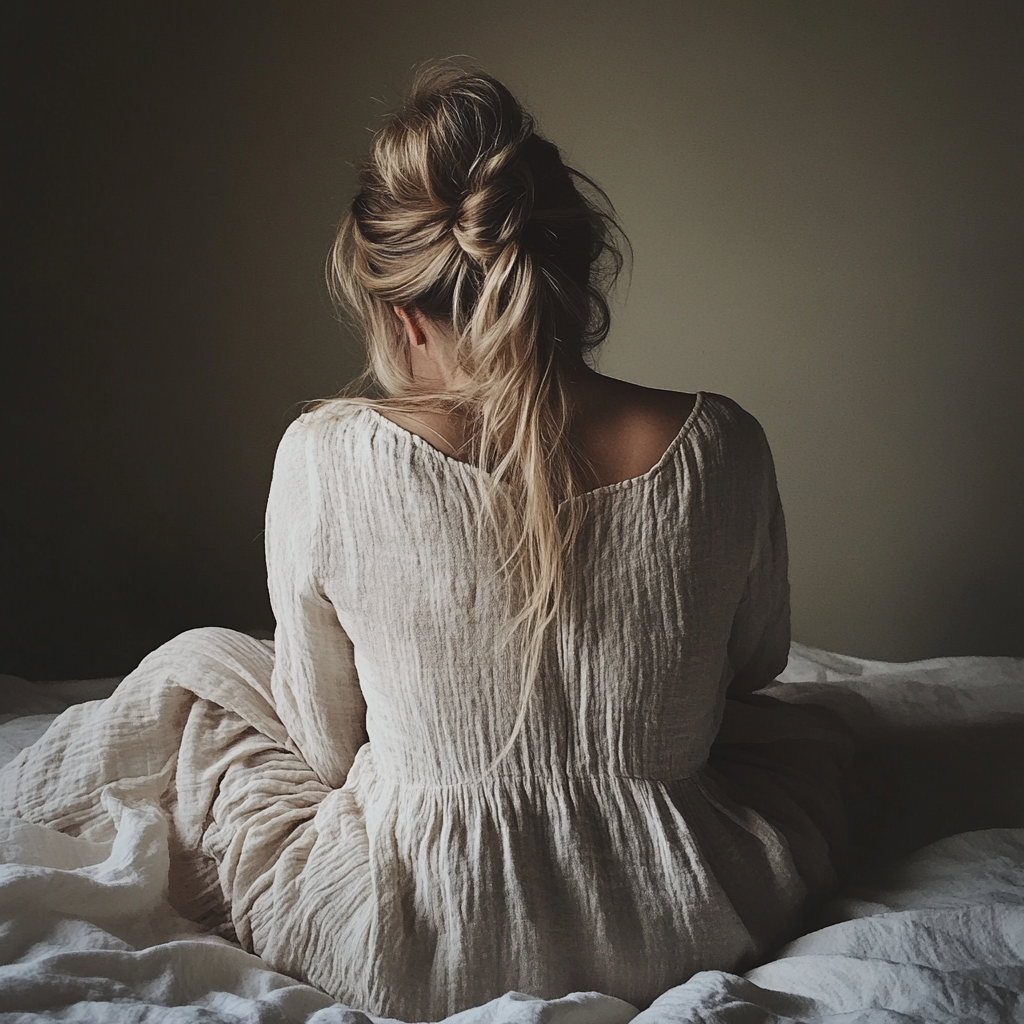 Eine aufgebrachte Frau auf ihrem Bett sitzend | Quelle: Midjourney