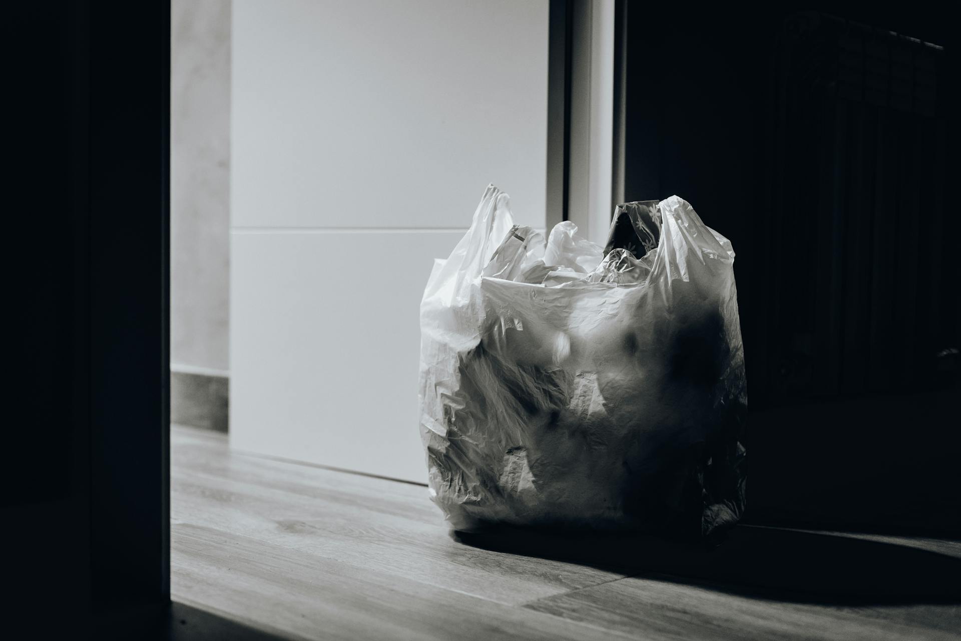 Ein Sack voller Müll vor einer Tür | Quelle: Pexels