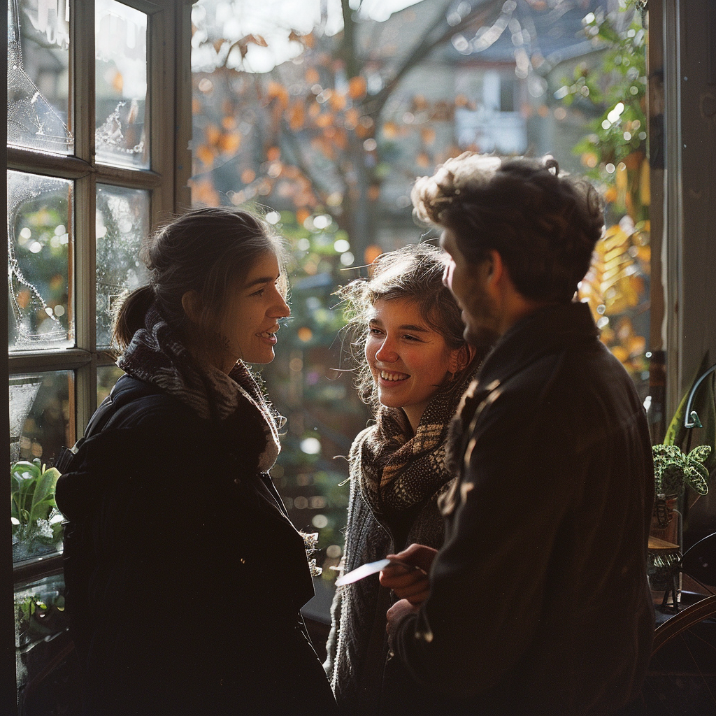 Ein Mann und zwei Frauen unterhalten sich an einem Fenster | Quelle: Midjourney