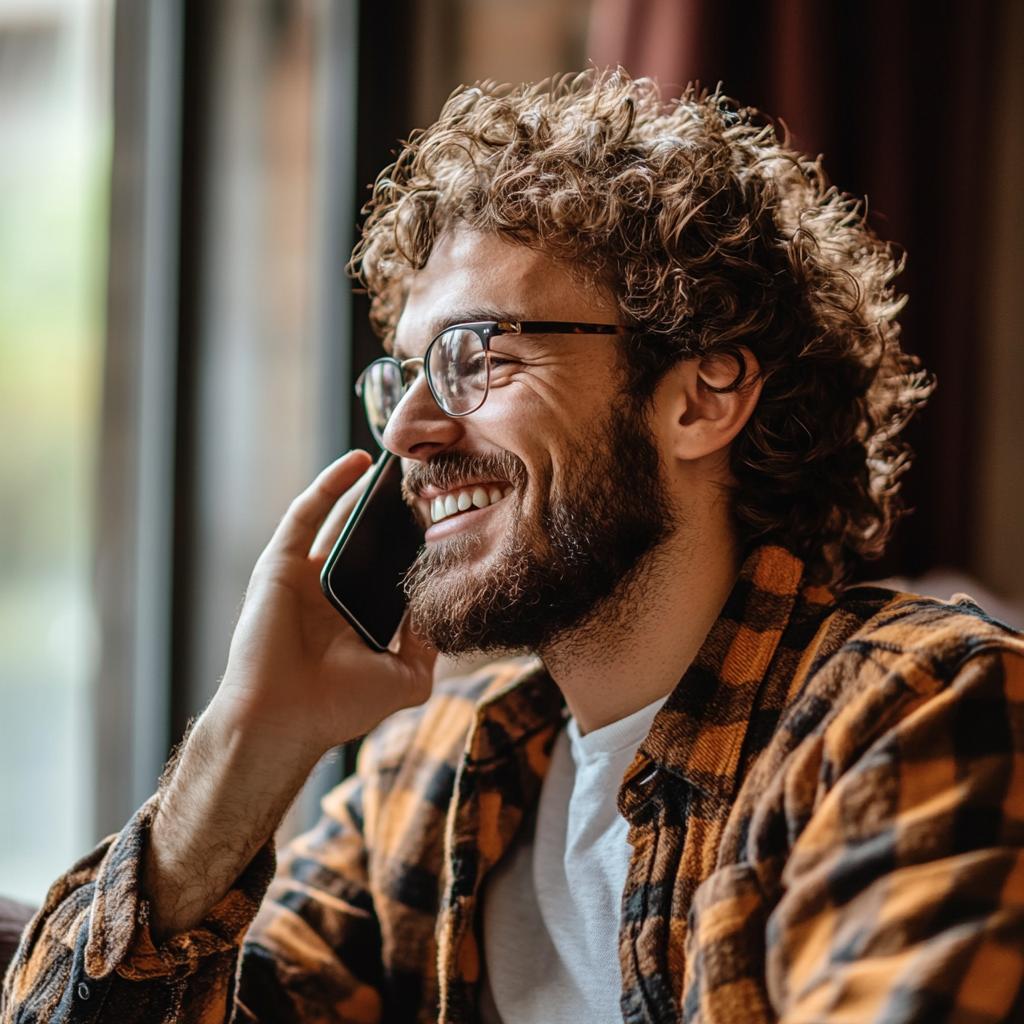 Ein lachender Mann, der in seinem Wohnzimmer telefoniert | Quelle: Midjourney