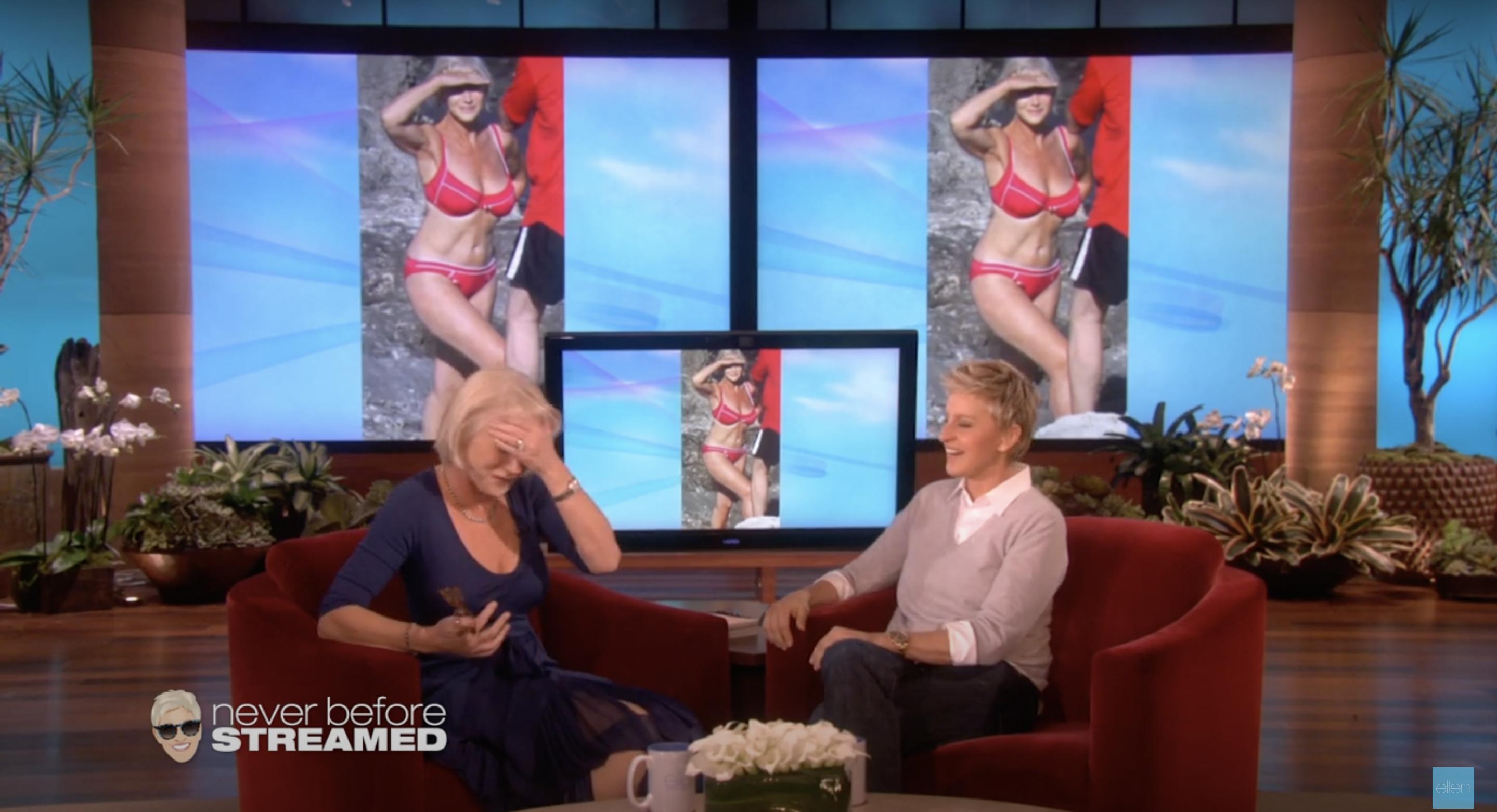 Helen Mirren spricht in einem YouTube-Video vom 5. Januar 2023 über die Ereignisse, die dazu führten, dass ein Paparazzo ihr ikonisches Bikini-Foto schoss: Youtube/@TheEllenShow