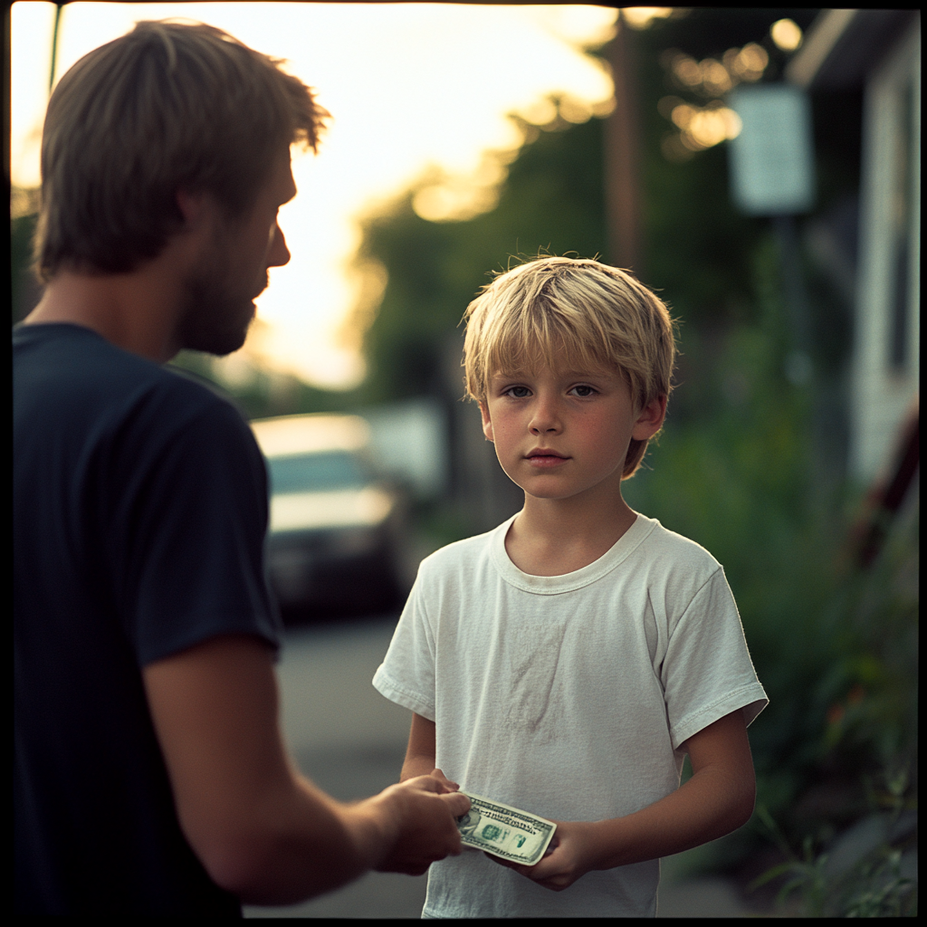 Ein Mann gibt einem Jungen Geld | Quelle: Midjourney