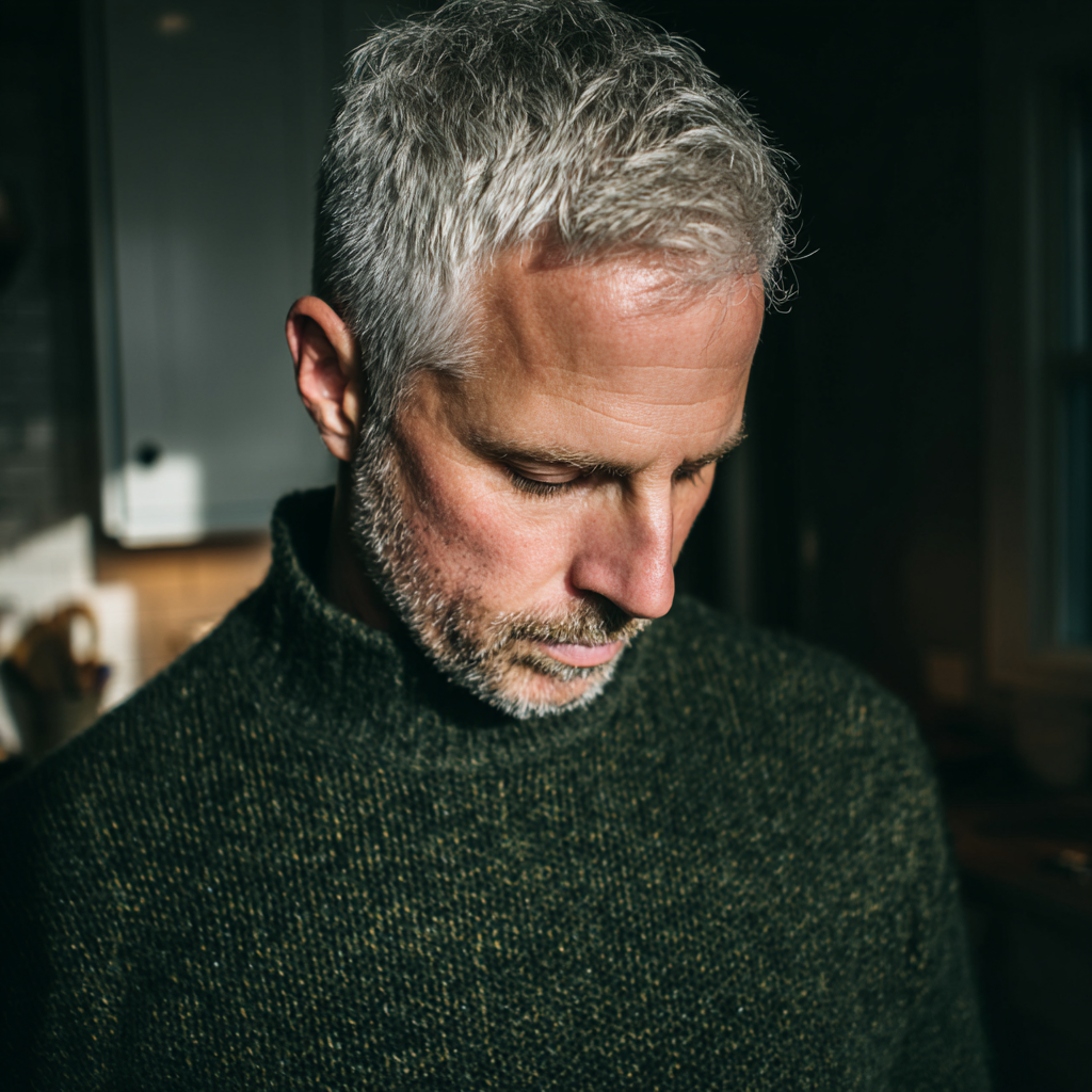 Ein nachdenklicher Mann steht in einer Küche | Quelle: Midjourney