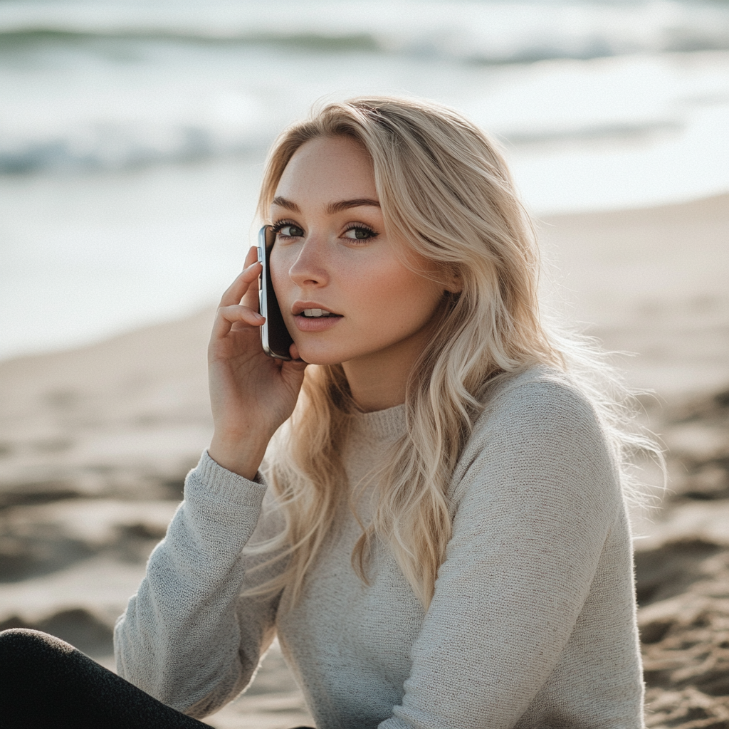 Eine Frau, die am Strand mit ihrem Handy telefoniert | Quelle: Midjourney