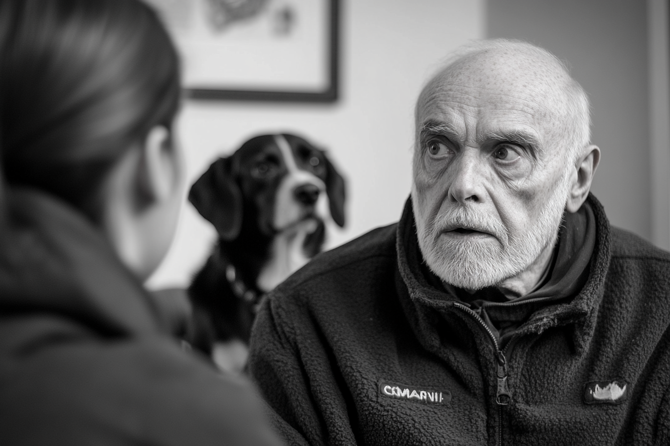 Um homem com expressão chocada fala com uma recepcionista em um abrigo de animais | Fonte: Midjourney