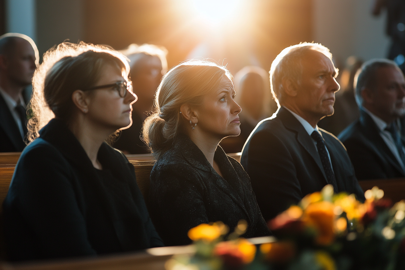 Ernste Menschen bei einer Beerdigung in einer Kapelle | Quelle: Midjourney