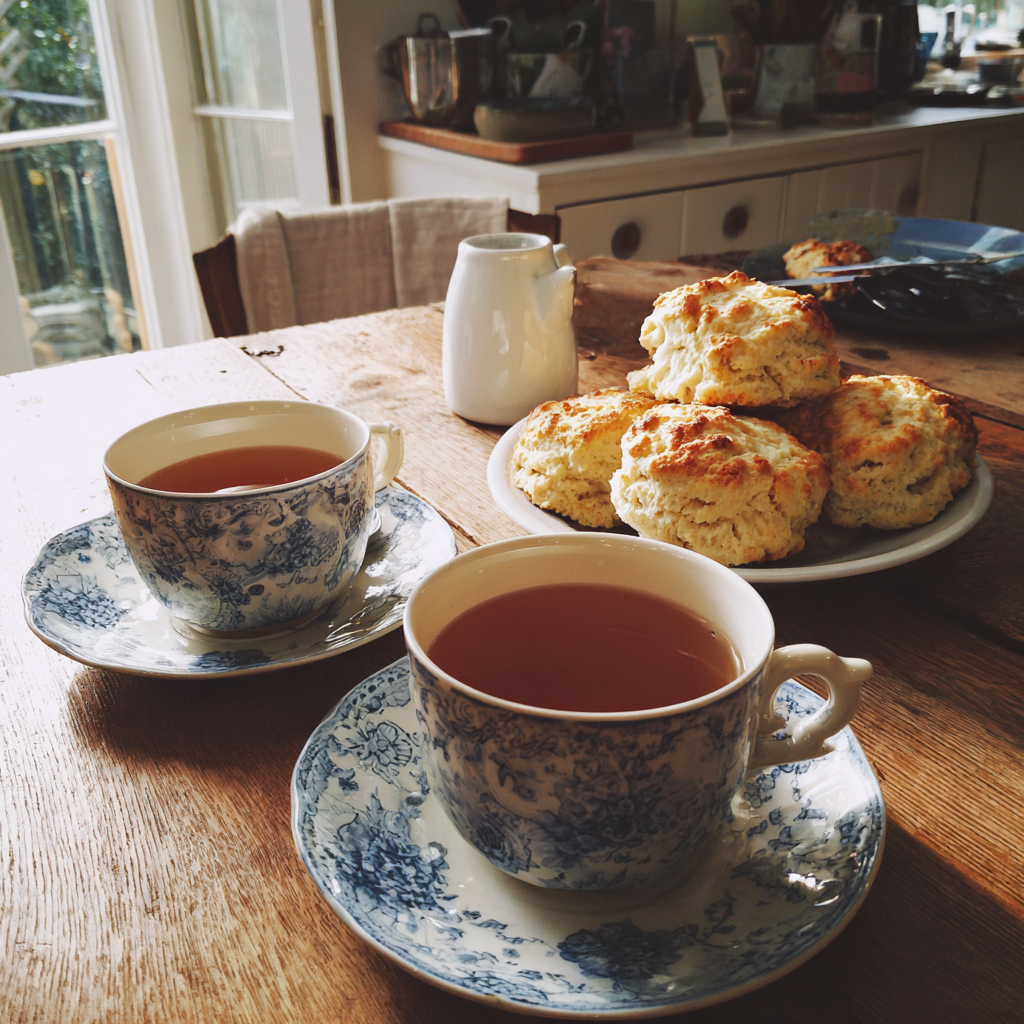 Tee und Scones auf einem Tisch | Quelle: Midjourney