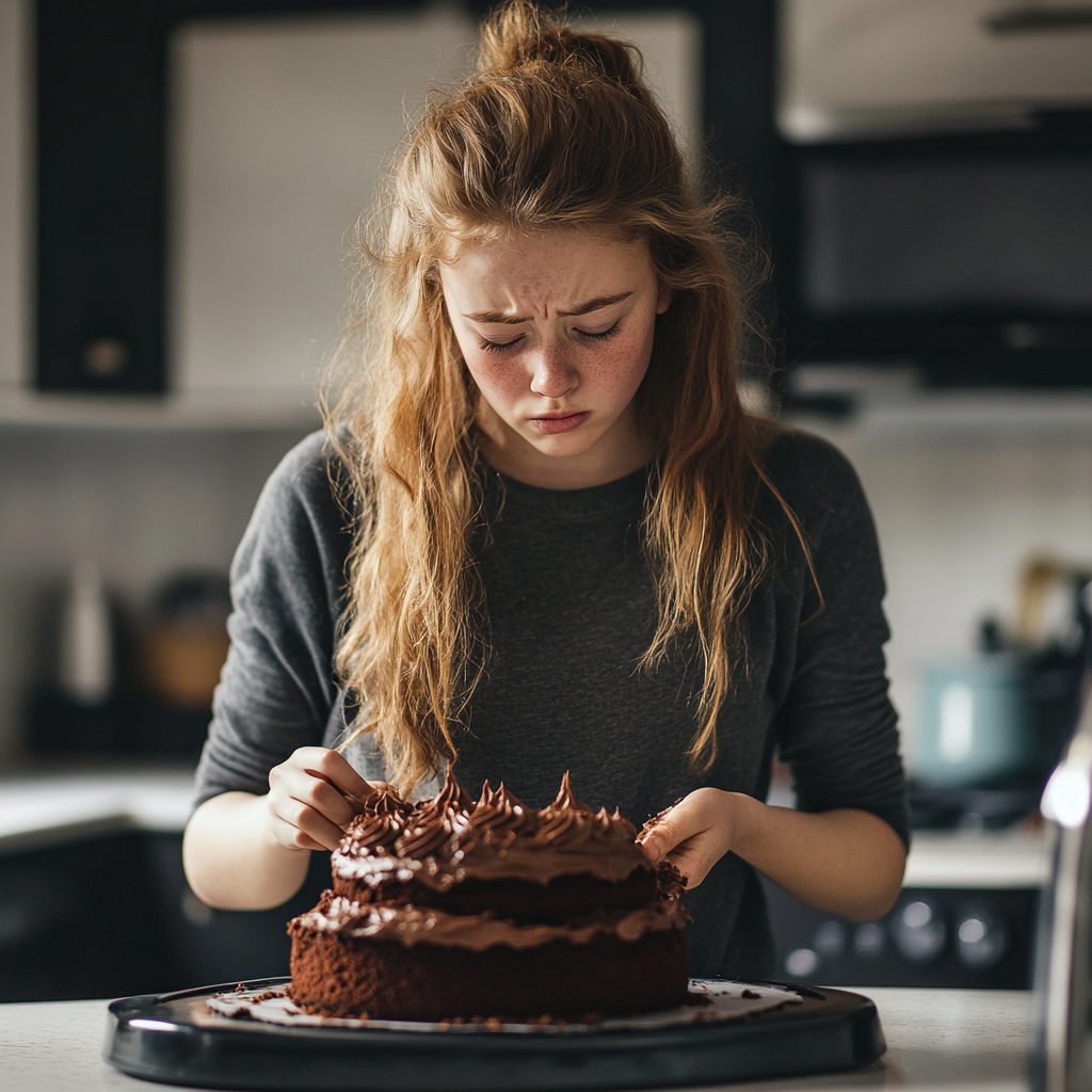 Ein trauriges Mädchen backt einen Kuchen | Quelle: Midjourney