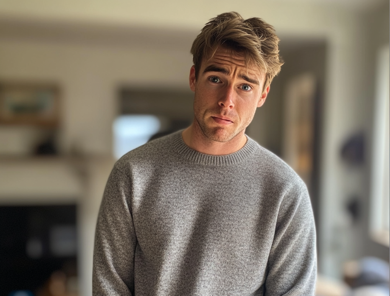Ein aufgebrachter junger Mann in einem grauen Pullover | Quelle: Midjourney