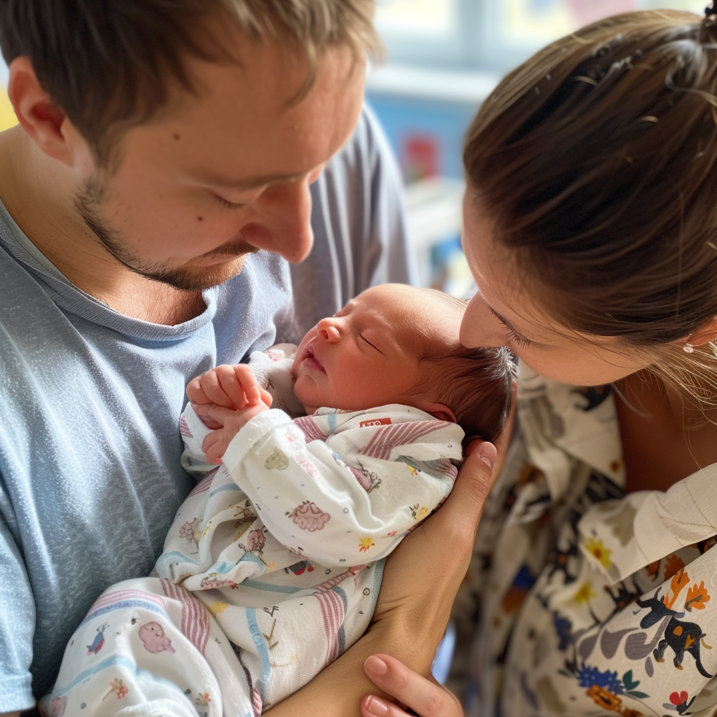 Sarah und Tom starren auf Baby Luc | Quelle: Midjourney