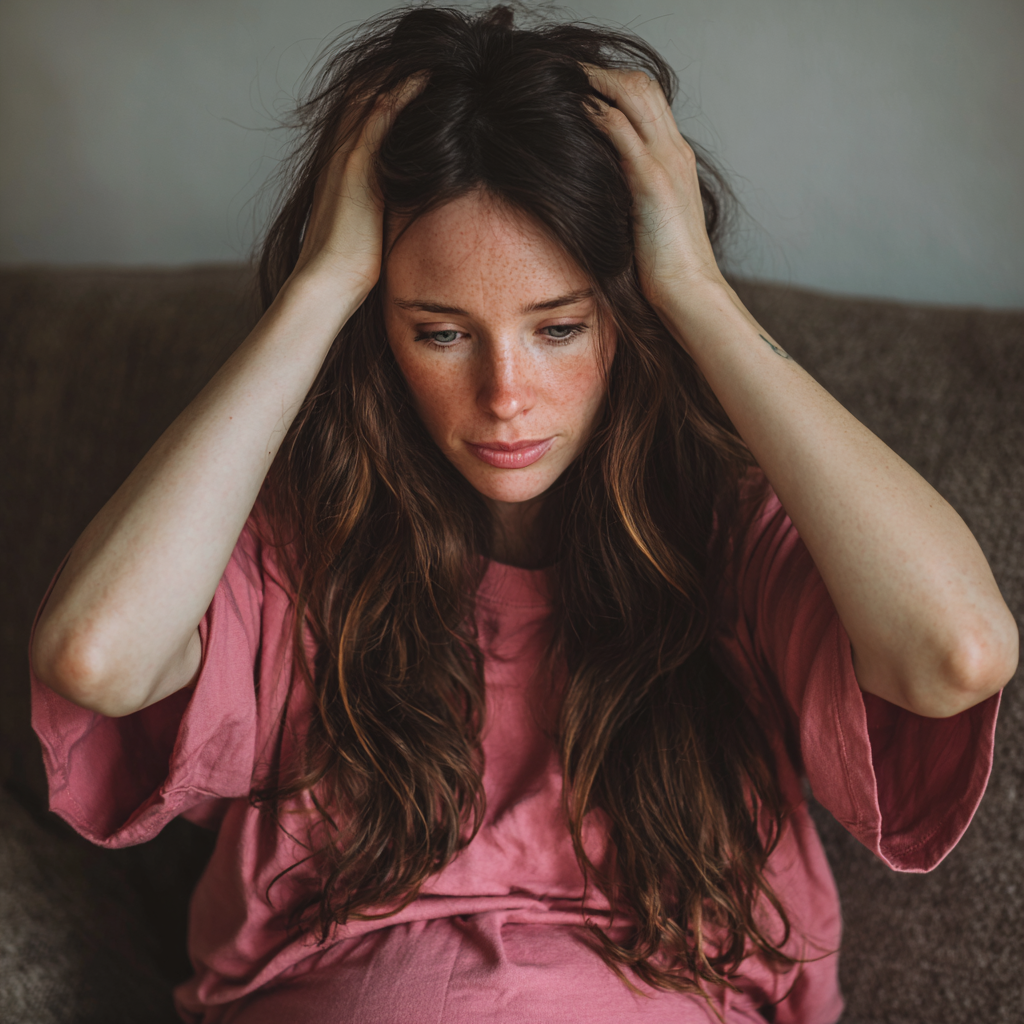 Eine schwangere Frau, die auf einer Couch sitzt und ihre Hände auf den Kopf legt | Quelle: Midjourney