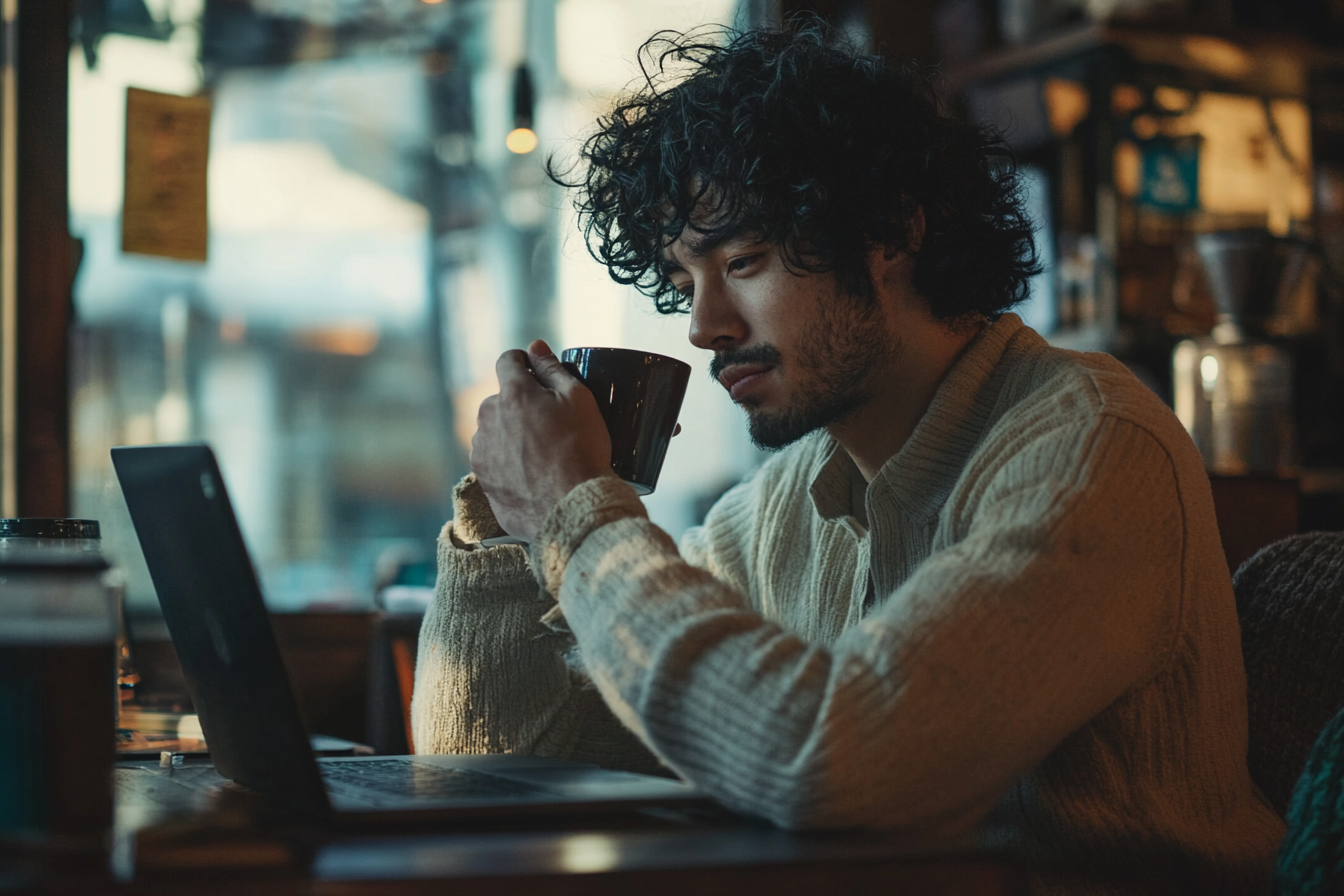 Um homem toma café enquanto trabalha em seu laptop em uma cafeteria | Fonte: Midjourney