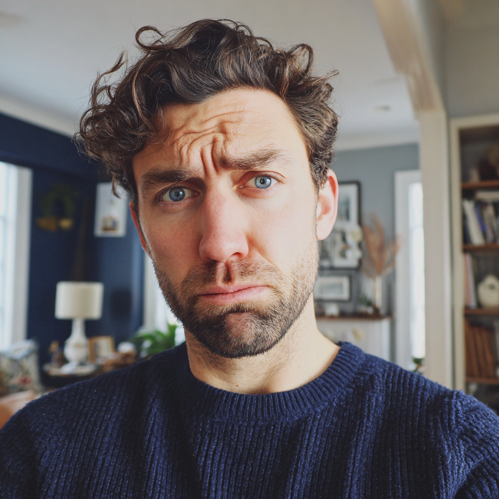 Eine Nahaufnahme eines stirnrunzelnden Mannes, der einen marineblauen Pullover trägt | Quelle: Midjourney