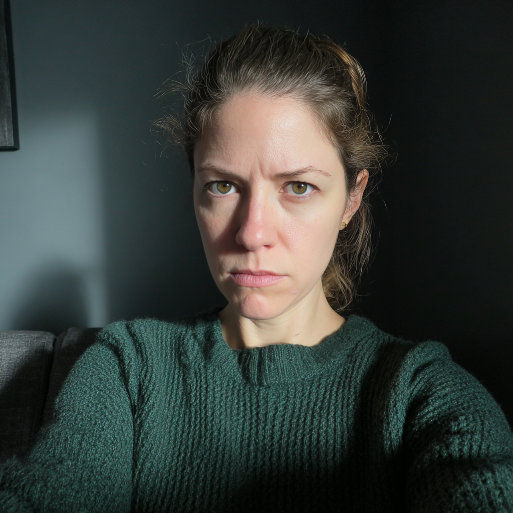 Eine stirnrunzelnde Frau, die einen grünen Pullover trägt | Quelle: Midjourney