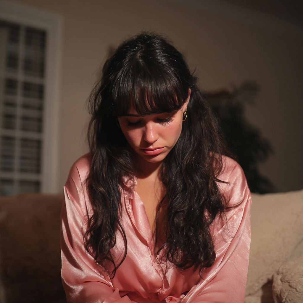 Eine aufgebrachte Frau in einer rosa Bluse sitzt auf einer Couch | Quelle: Midjourney