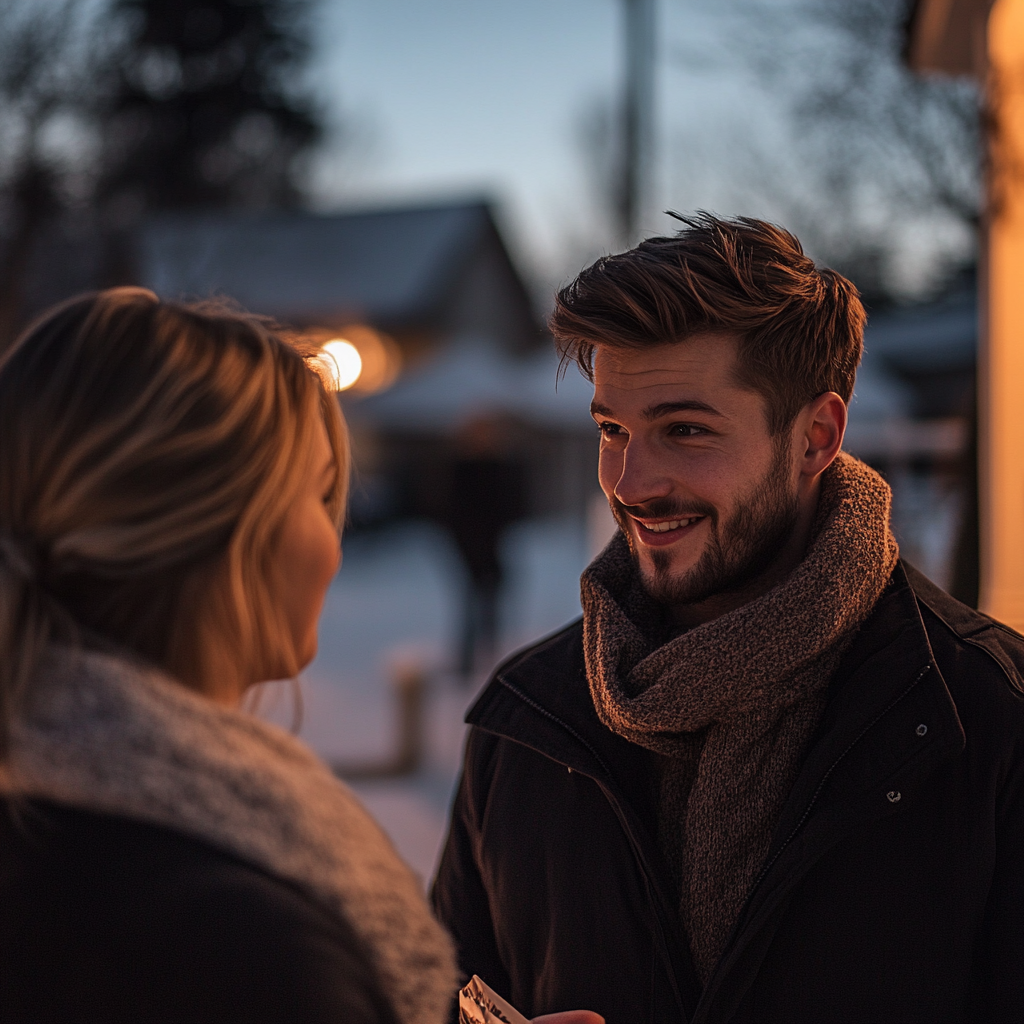 Ein Mann im Gespräch mit einer Frau auf einem Weihnachtsmarkt | Quelle: Midjourney