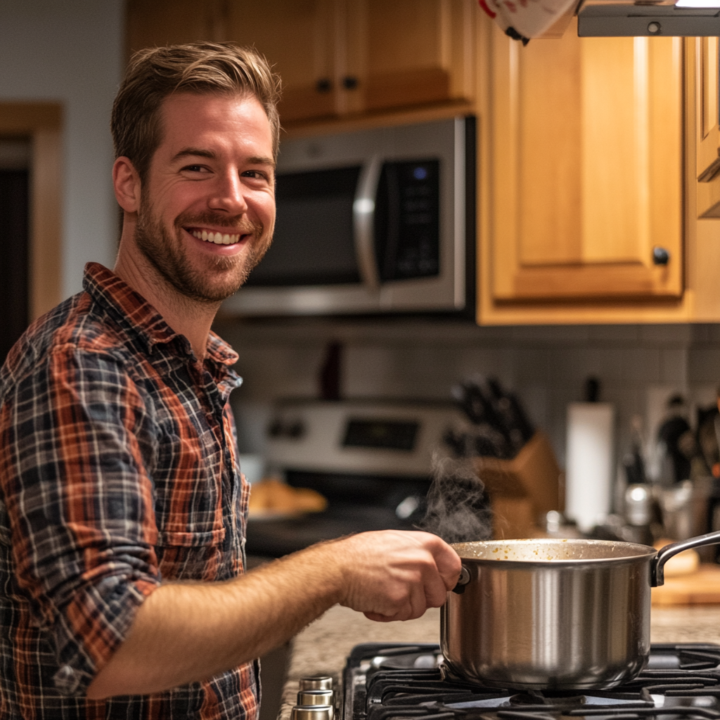 Ein Mann lächelt beim Kochen in der Küche | Quelle: Midjourney