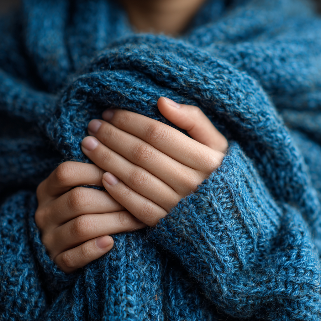 Eine Frau, die etwas in einer blauen Decke gebündelt hält | Quelle: Midjourney