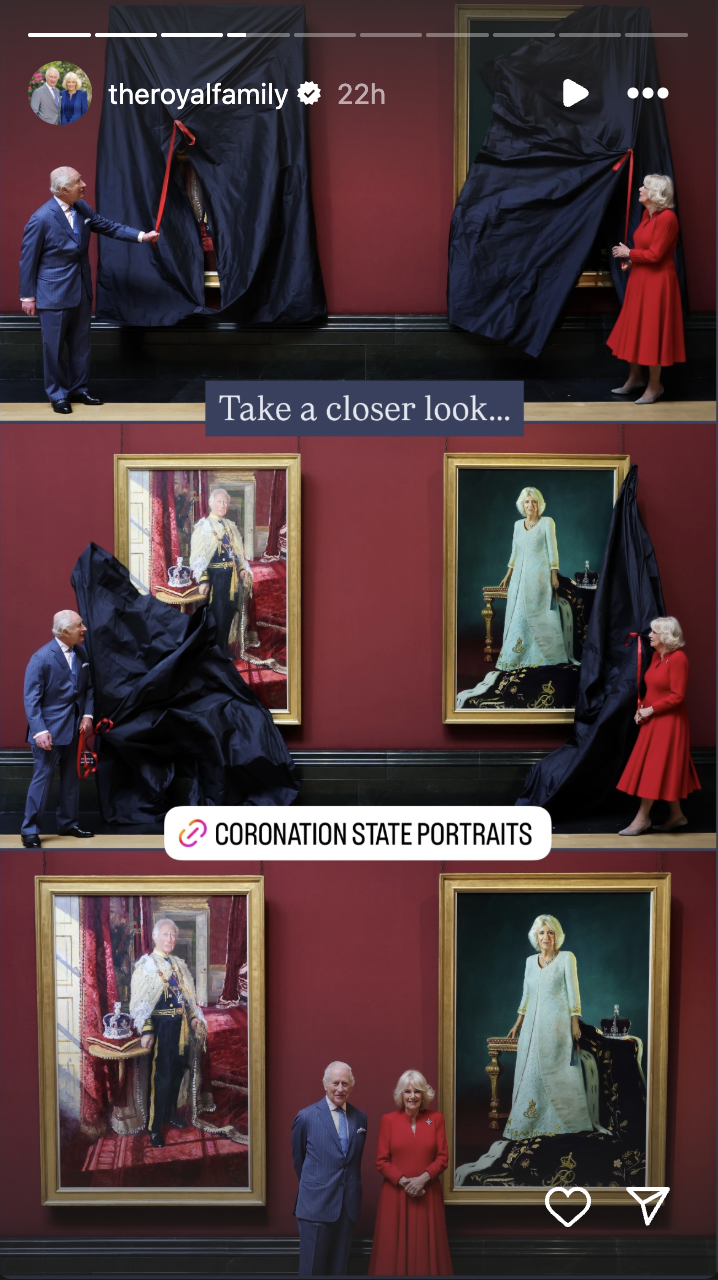 König Charles und Königin Camilla enthüllen ihre Krönungsporträts, wie auf der Instagram-Story der königlichen Familie zu sehen ist | Quelle: Instagram/theroyalfamily