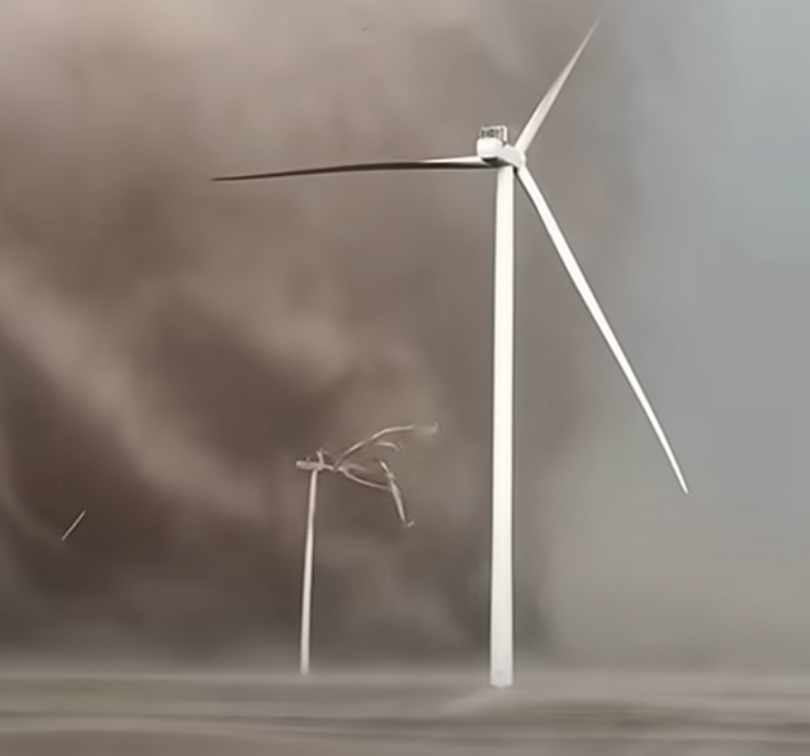 Eine echte Aufnahme einer Windkraftanlage, die in einem Tornado zerbricht, in einem Clip, der am 21. Juli 2024 hochgeladen wurde | Quelle: YouTube/Reed Timmer