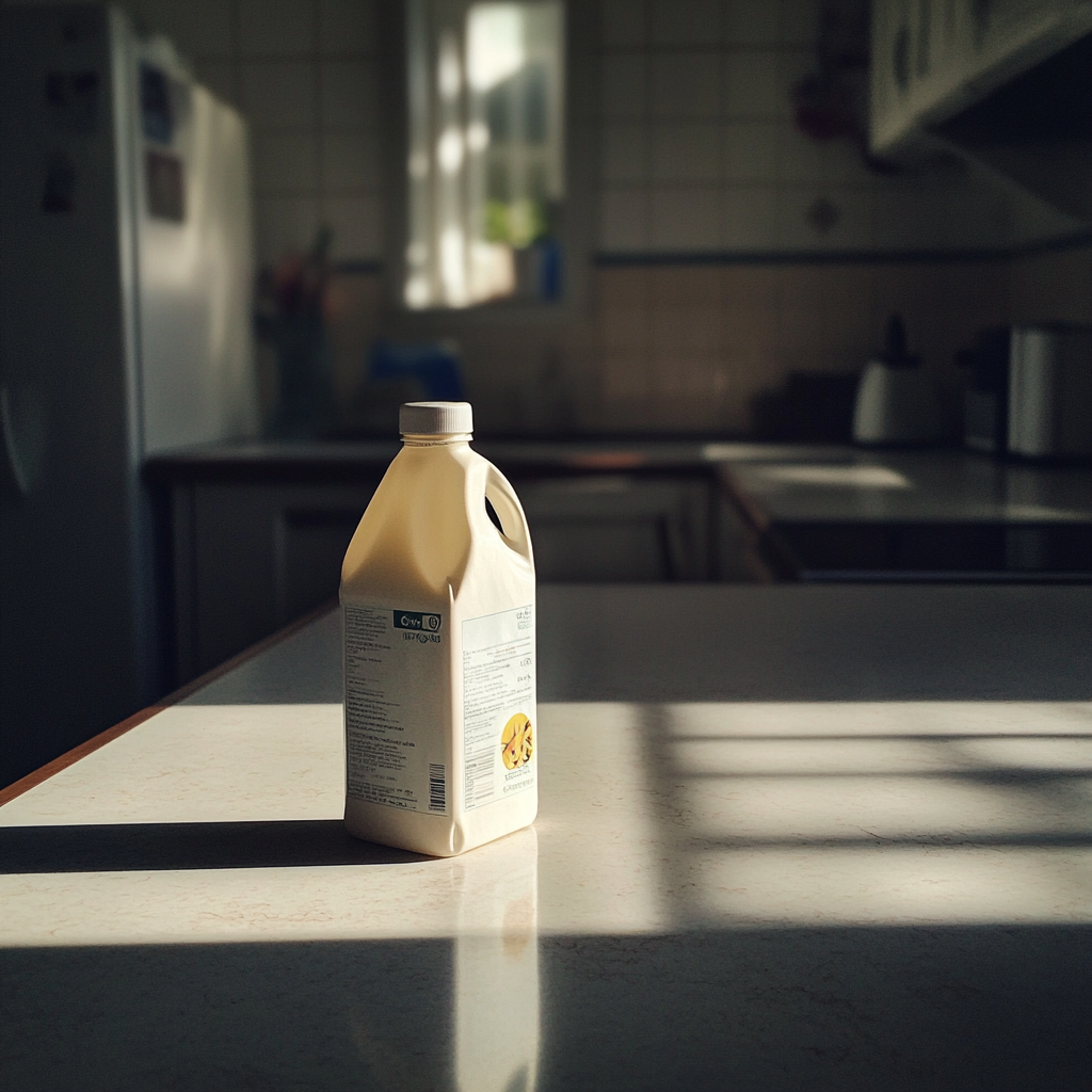 Eine Flasche Milch auf einem Küchentisch | Quelle: Midjourney