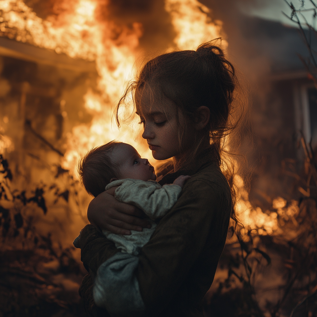 Junges Mädchen, das ein Baby aus einem brennenden Haus rettet | Quelle: Midjourney