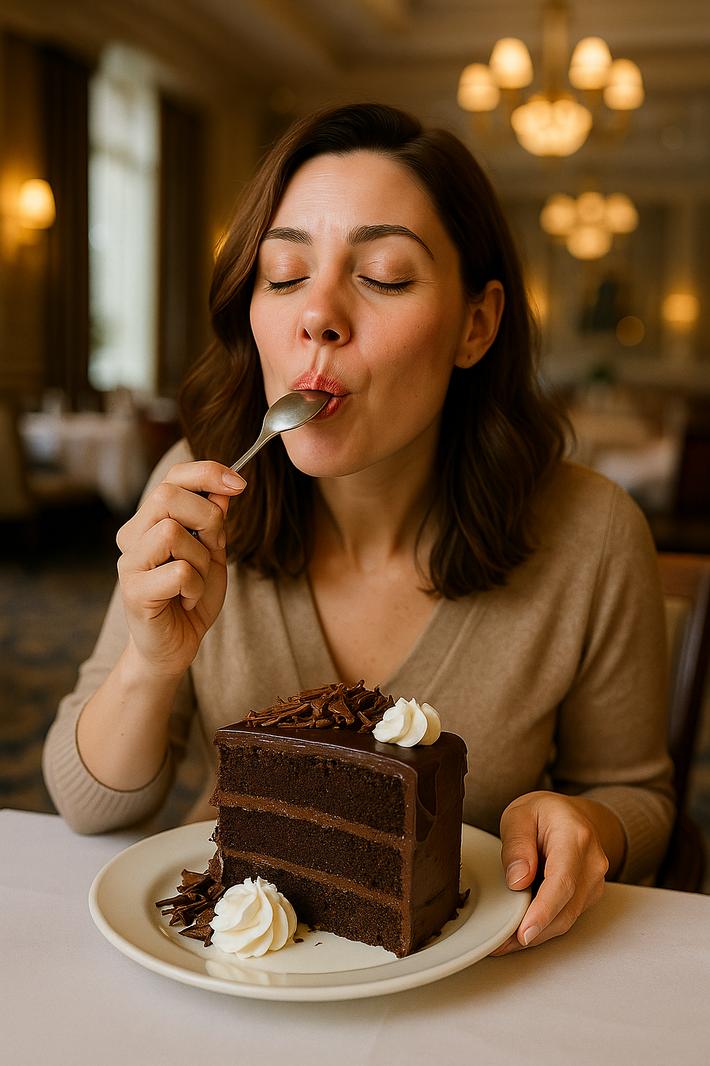 Eine Frau, die ein großes Stück Schokoladenkuchen genießt | Quelle: DALL-E
