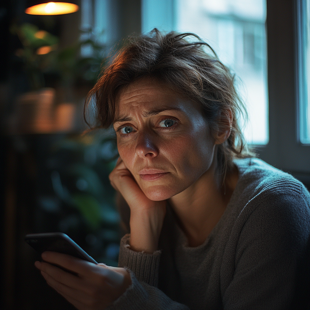 Eine aufgeregte Frau, die ihr Telefon in der Hand hält, während sie nachdenkt | Quelle: Midjourney